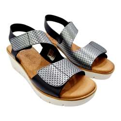 WOMEN EMBOSSED LEATHER WEDGE SANDALS WITH