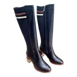 BOTA ALTA MUJER TACÓN TRICOLOR COMBINADA TEJIDO NEGRO