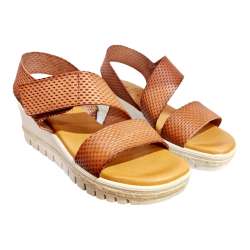WOMEN'S WEDGE SANDAL WITH GEL SOLE ENGRAVED LEATHER DIAGONAL STRIP