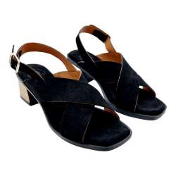 LOW HEEL SANDALS WITH CROSSED BLACK SUEDE AND HEEL