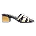 BLACK TWO-TONE WIDE LOW HEEL SANDALS