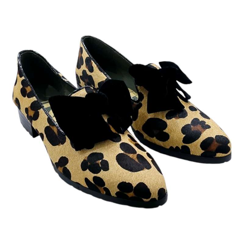 ZAPATOS MOCASÍN MUJER LEOPARDO LAZO TACÓN BAJO NEGRO