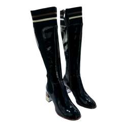 WOMEN'S HIGH HEEL BOOT COMBINED PATENT LEATHER AND FABRIC