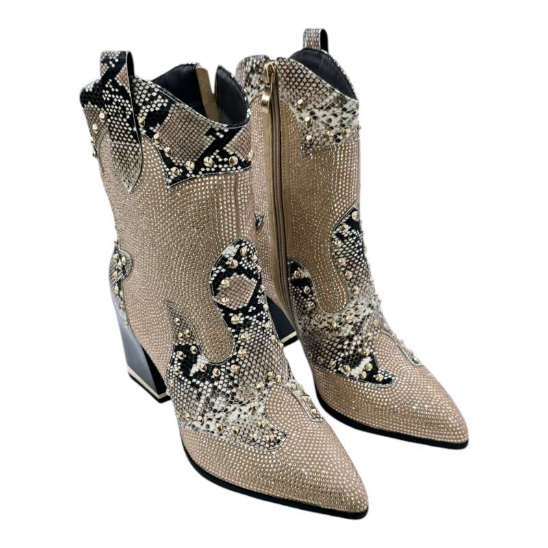 BOTÍN MUJER ESTILO COWBOY COMBINADO BRILLO Y SERPIENTE BEIGE