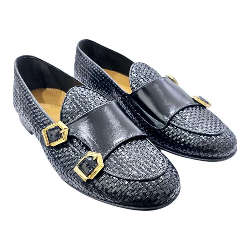 MOCASIN BELGA HOMBRE PIEL TRENZADA DOBLE MONK NEGRO NEGRO