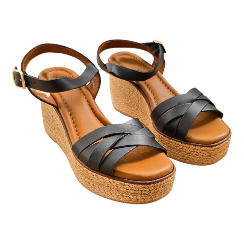 SANDALIAS MUJER CUNA TIRAS CRUZADA Y PULSERA NEGRO NEGRO