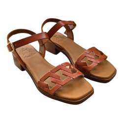 SANDALIA TAC?N MUJER PULSERA Y TIRA GRABADA PUNTA CUADRADA CUERO CUERO