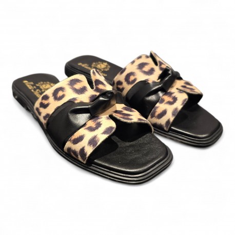SANDALIAS MUJER PLANAS COMBINADAS LEOPARDO Y NEGRO NEGRO