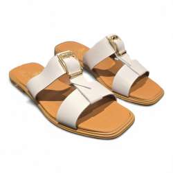 SANDALIAS PLANAS MUJER DOBLE TIRA ADORNO HEBILLA BLANCO BLANCO