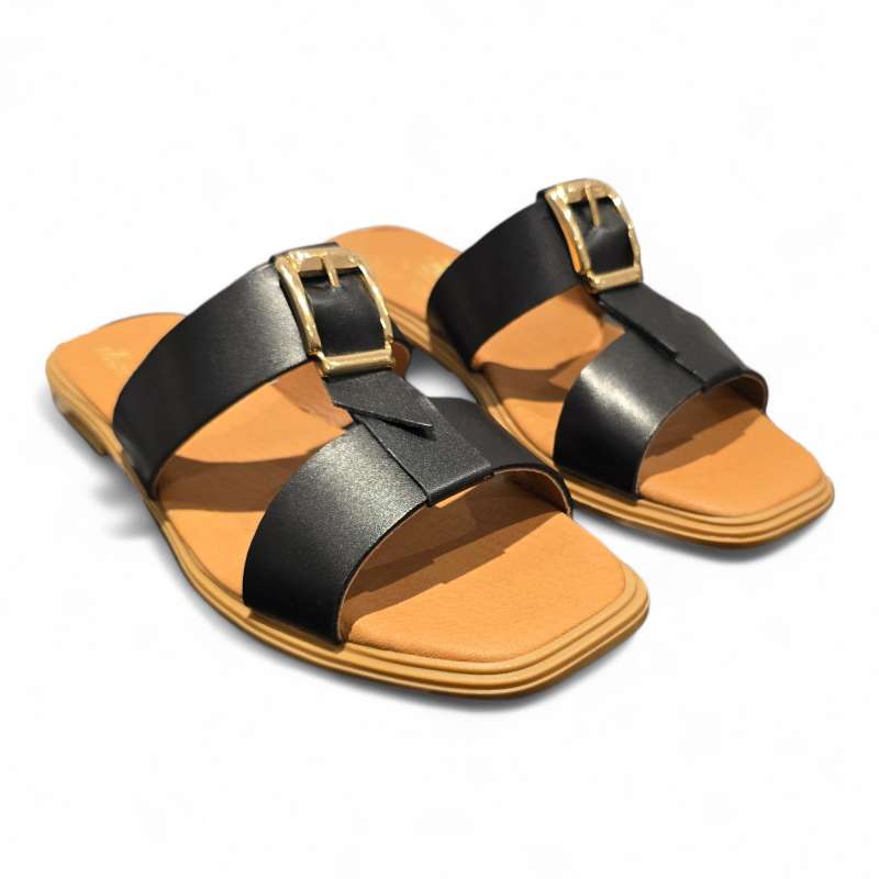 SANDALIAS PLANAS MUJER DOBLE TIRA ADORNO HEBILLA NEGRO NEGRO