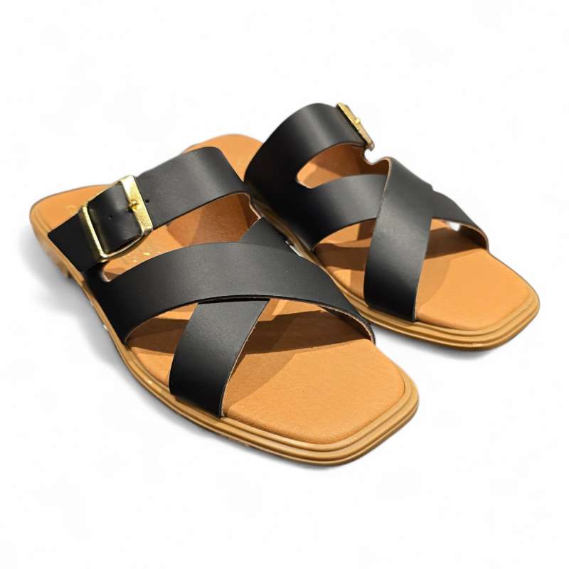 SANDALIAS MUJER PLANAS CURZADAS ADORNO HEBILLA NEGRO NEGRO