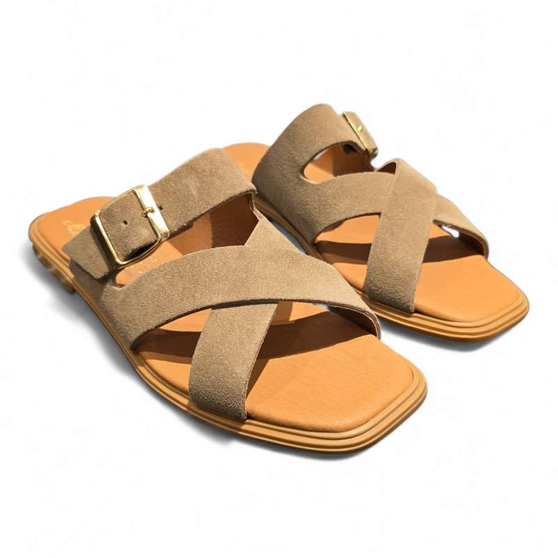 SANDALIAS MUJER PLANAS CURZADAS ADORNO HEBILLA SERRAJE BEIG BEIGE